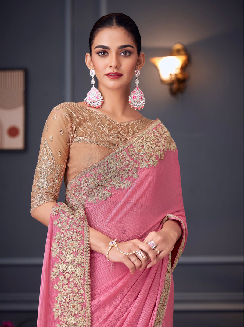 Pink Colour Chiffon Silk Designer Saree