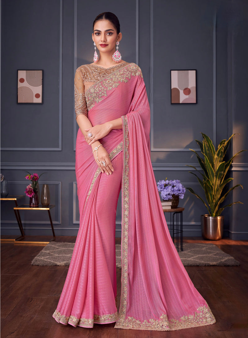 Pink Colour Chiffon Silk Designer Saree