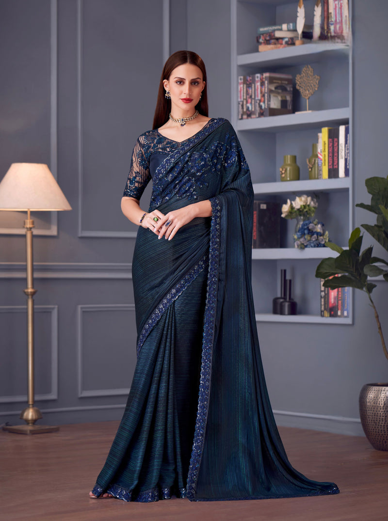 Blue Colour Chiffon Silk Designer Saree