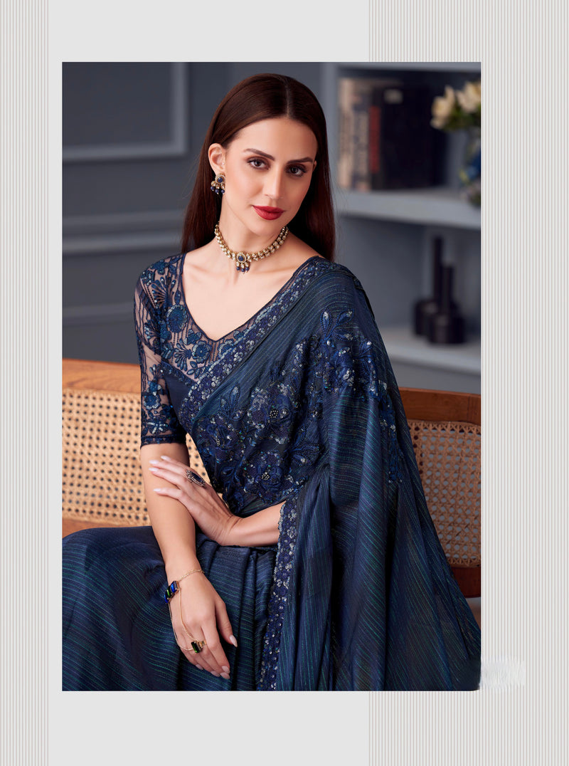 Blue Colour Chiffon Silk Designer Saree