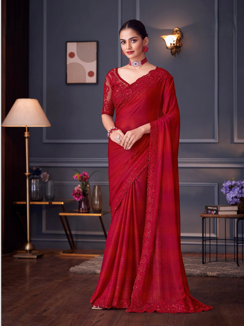 Red Colour Chiffon Silk Designer Saree