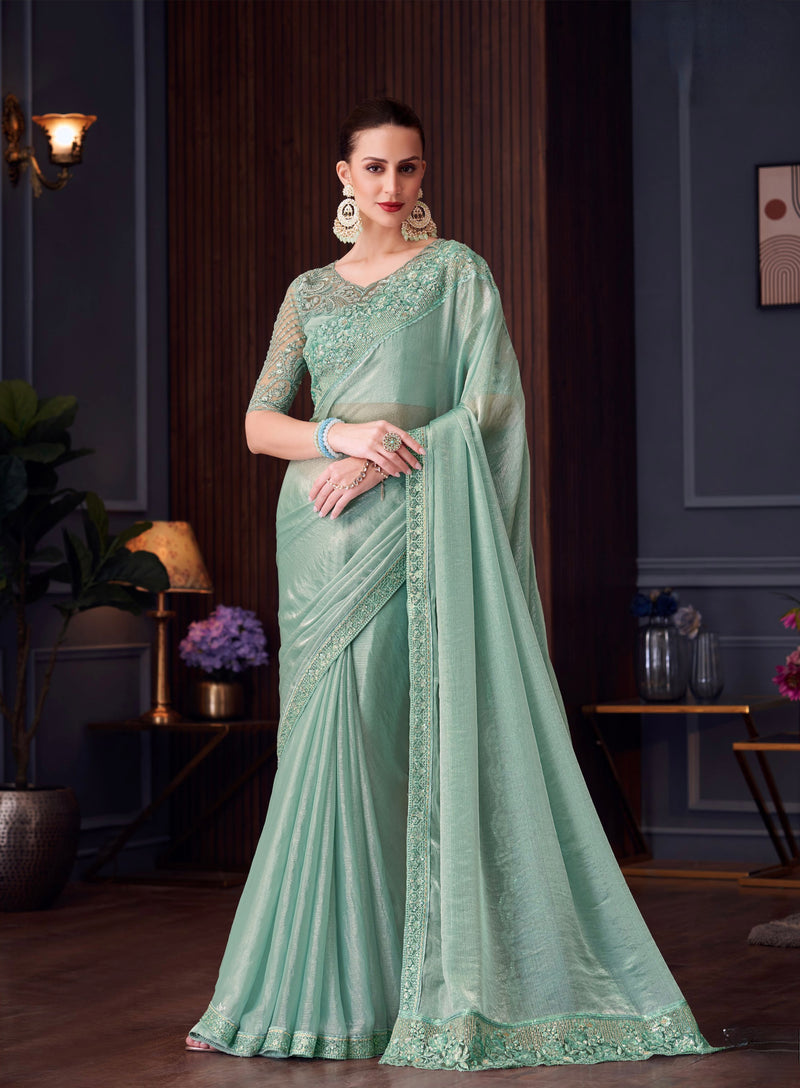 Mint Colour Chiffon Silk Designer Saree