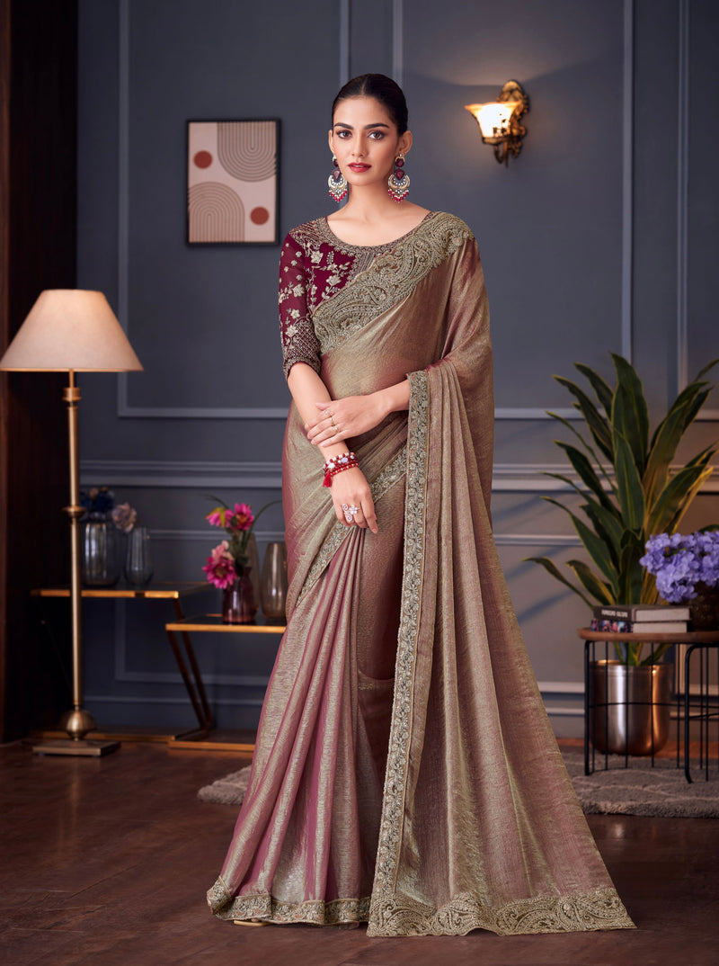 Beige Colour Chiffon Silk Designer Saree