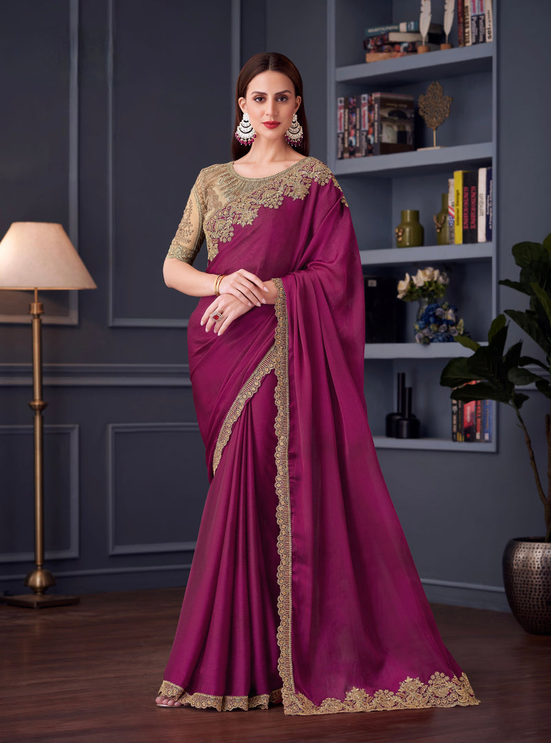 Magenta Colour Satin Silk Designer Saree