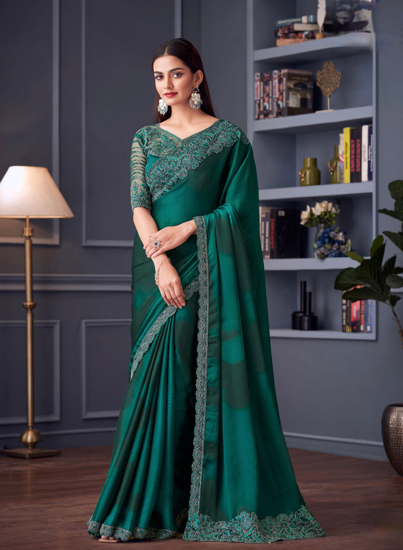 Green Colour Satin Silk Designer Saree