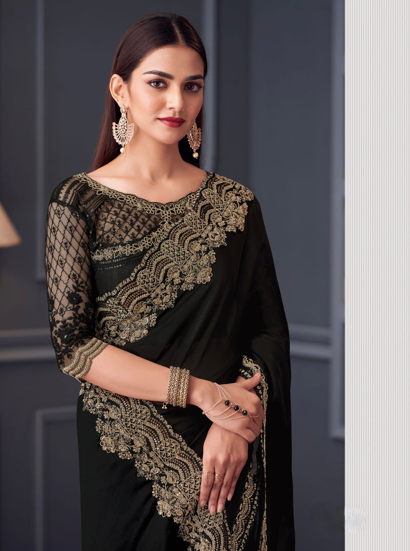 Black Colour Chiffon Silk Designer Saree