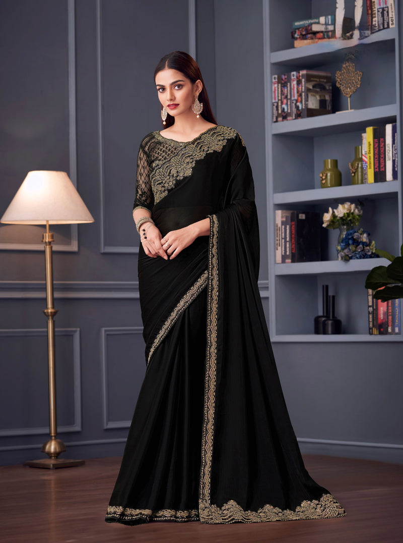 Black Colour Chiffon Silk Designer Saree