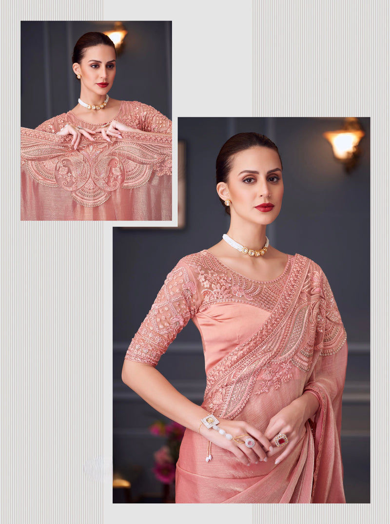 Coral Pink Chiffon Silk Designer Saree