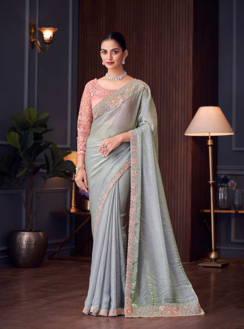 Grey Colour Chiffon Silk Designer Saree