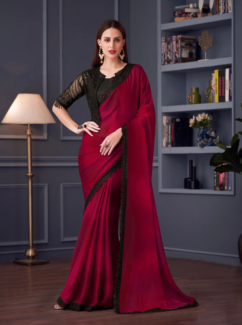 Red Colour Satin Silk Designer Saree