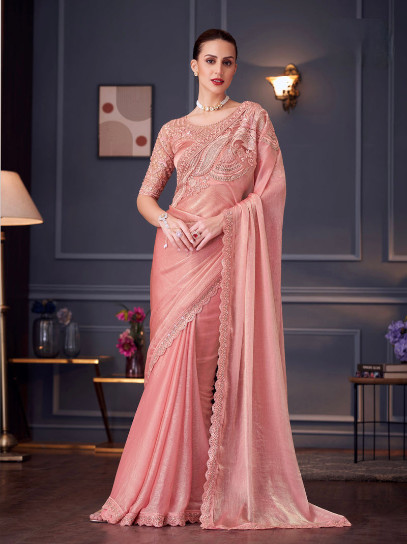 Coral Pink Chiffon Silk Designer Saree