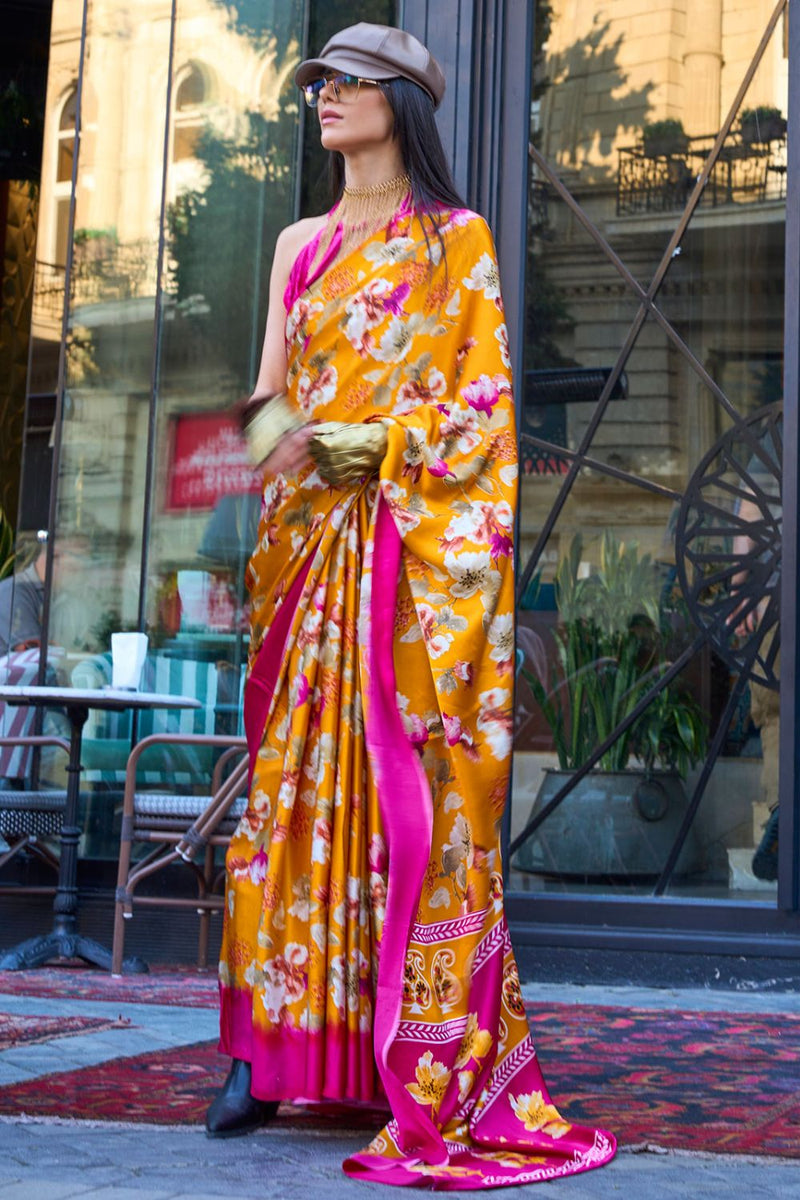 Multi Print work Satin Crepe Silk Saree