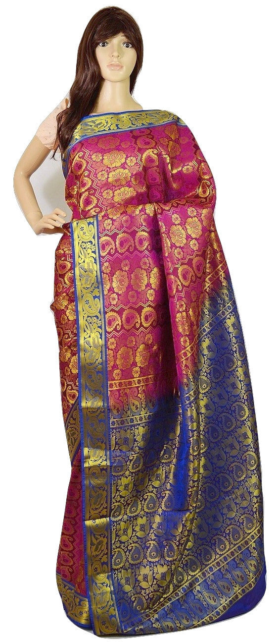 Pink Blue And Gold Kanchipuram Silk Saree Nandikasarees Co Uk