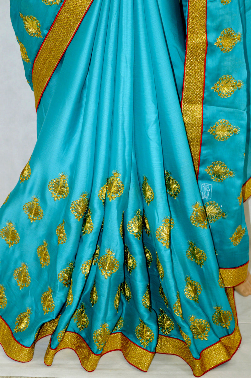 Teal Party Saree With Red Brocade Blouse Piece