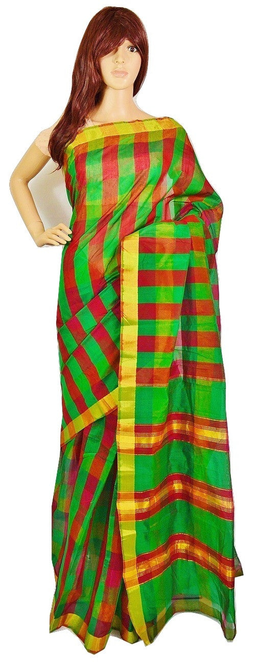 Gorgeous Green & Red Checked Cotton Saree