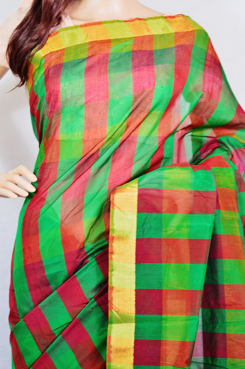 Gorgeous Green & Red Checked Cotton Saree