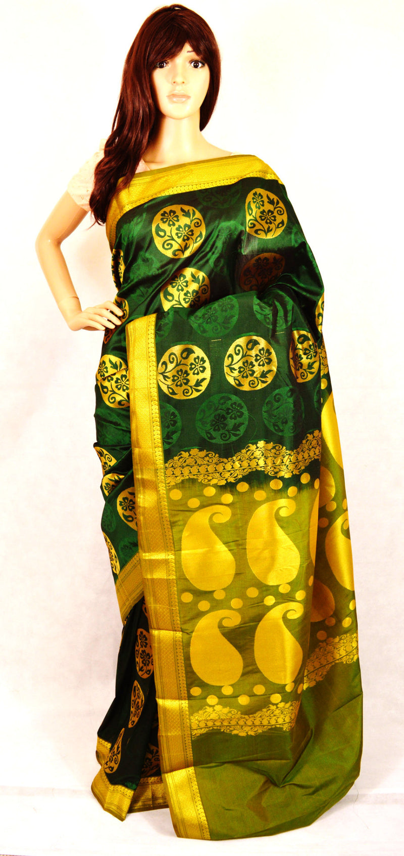 Dark Green ,Light Green & Gold Kanchipuram Silk Saree