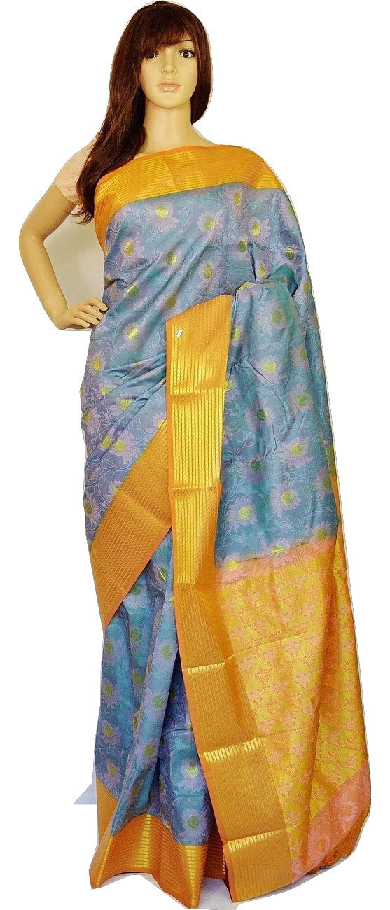 Grey,Blue & Gold Colour Kanchipuram Silk  Saree