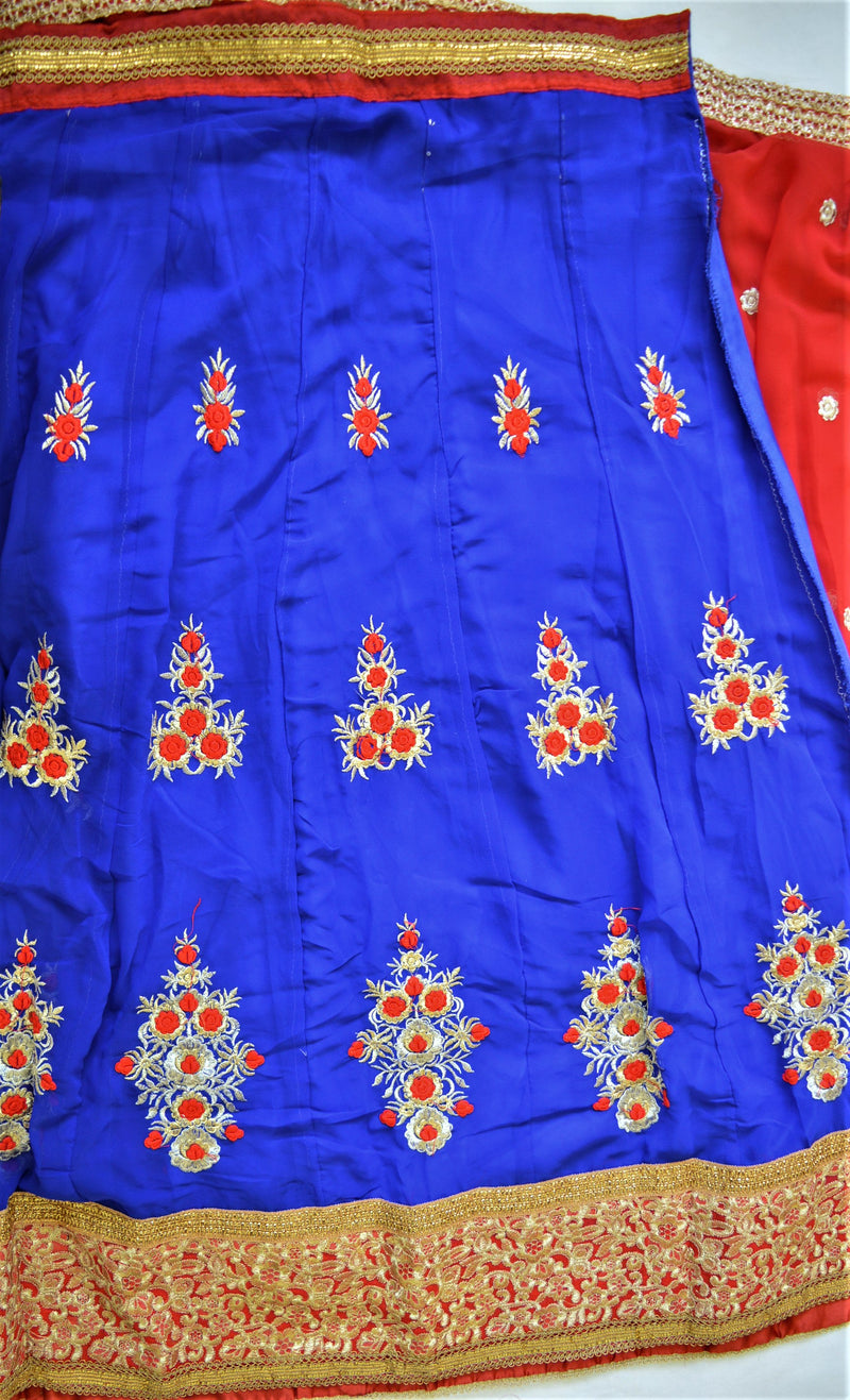 Semi Stitched Red,Blue & Gold Colour  Lehenga