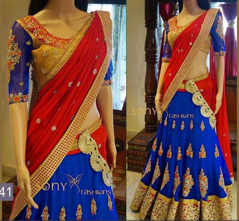 Semi Stitched Red,Blue & Gold Colour  Lehenga